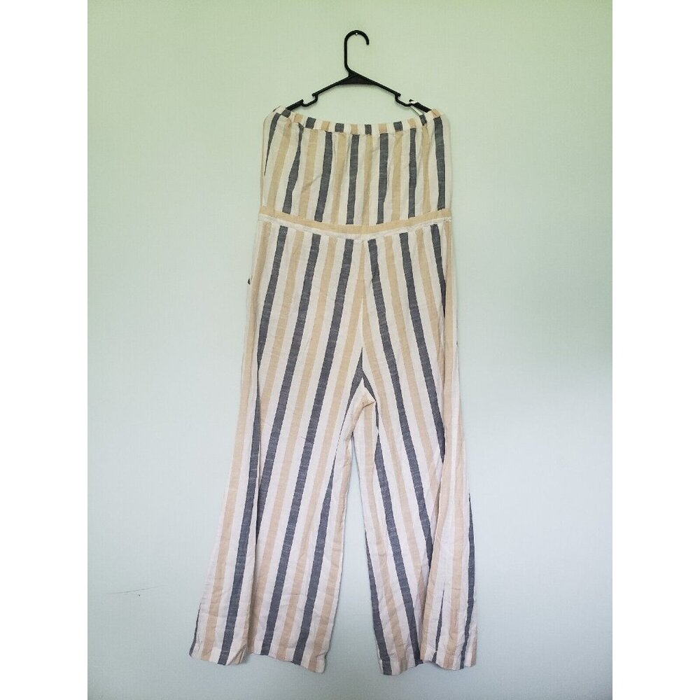Blue Island Womens Sz L Jumpsuit Strapless Stripe Button Front Drawstring Tie - Picture 2 of 5